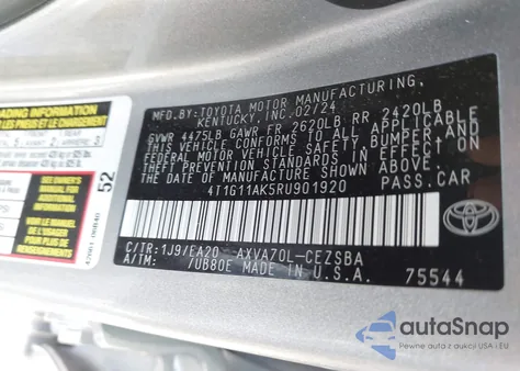 2024 Toyota Camry Se z USA, uszkodzony, nr VIN 4T1G11AK5RU901920